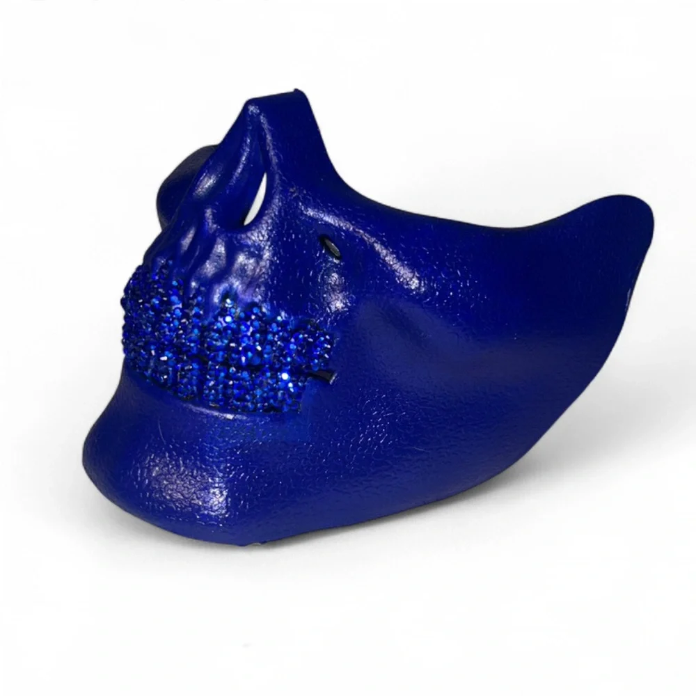 Blue Half Skull Mask With Blinged Out Sapphire Blue Luxe Crystal Grillz New